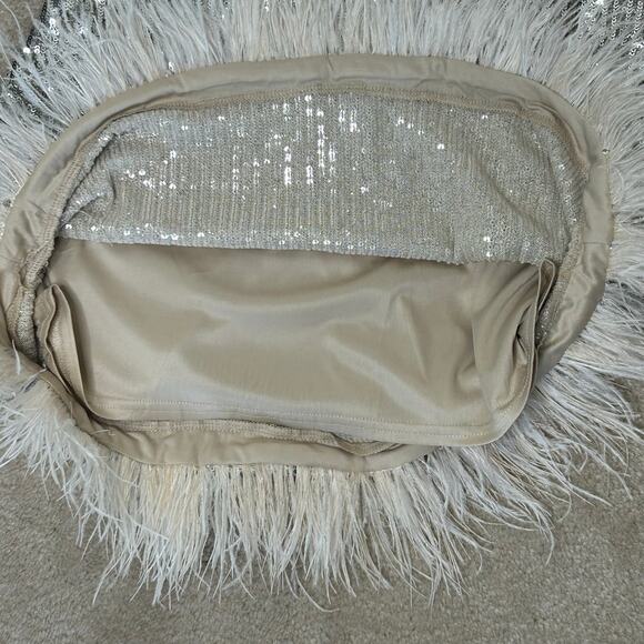 Apeach‎ Silver Sequin Min Dress With Feather Hem Long Sleeves Sz L - Picture 10 of 13